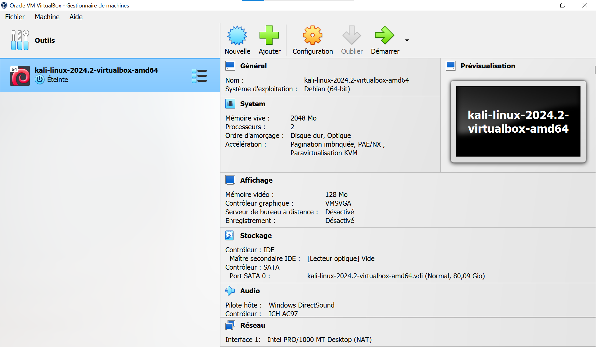 Configuration de la machine virtuelle Kali Linux
